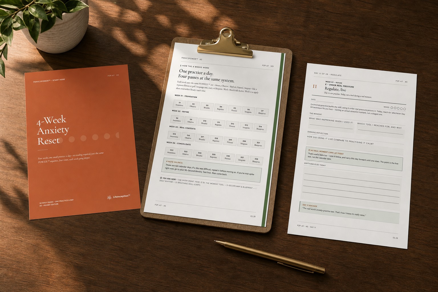 Extended 4-Week Anxiety Reset A5 edition on a train table