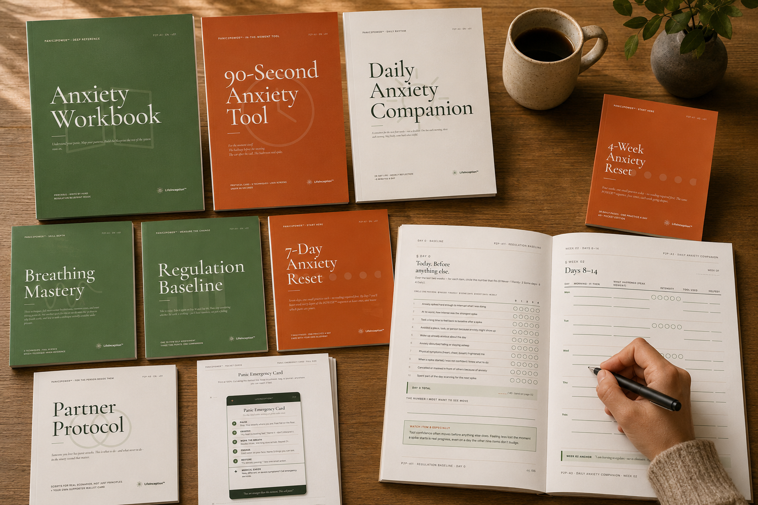 The eight PANIC2POWER Lite pieces laid out beside a hand journaling with morning coffee — a quiet moment of putting the system to use