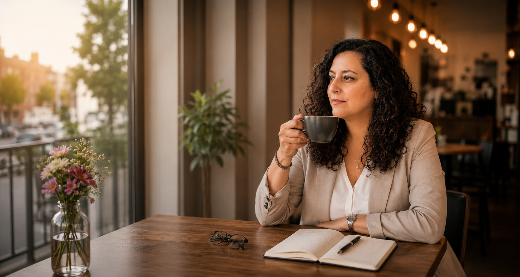 Snejina holding a cup of coffee, looking out a café window with a notebook open on the table