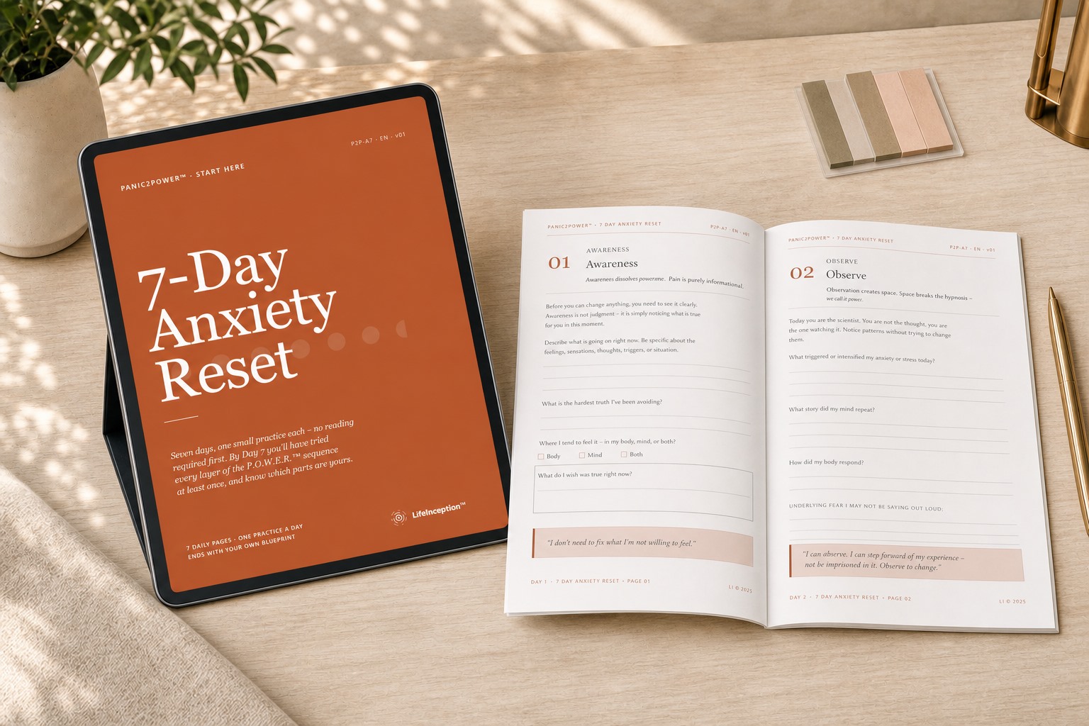 7-Day Anxiety Reset on a tablet beside the booklet open to Day 5, Pattern Review, on a train table