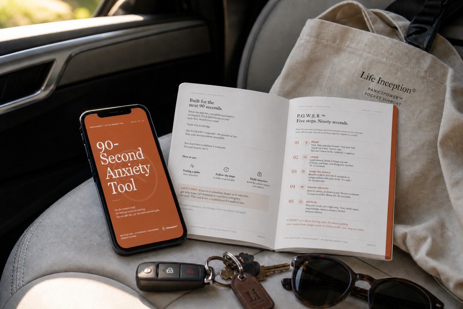 The 90-Second Anxiety Tool phone version and the open booklet showing the five P.O.W.E.R. steps, in a car