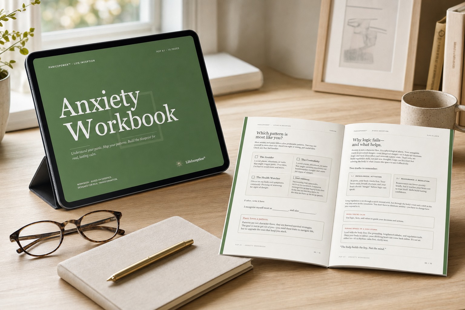 Anxiety Workbook on a tablet beside the printed workbook, glasses and a pen on a home office desk