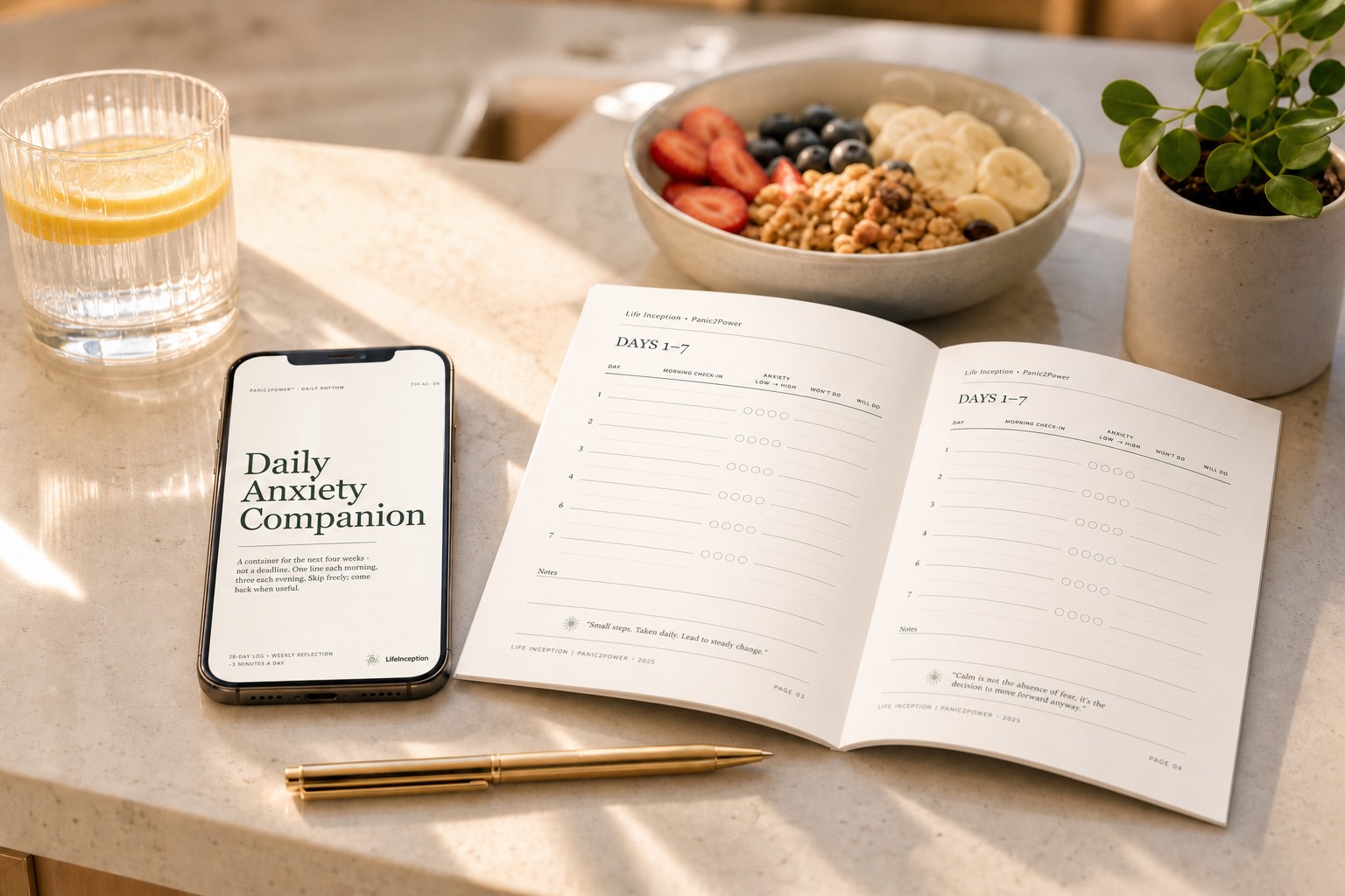 Daily Anxiety Companion phone and printed tracker on a kitchen counter beside a breakfast bowl and juice