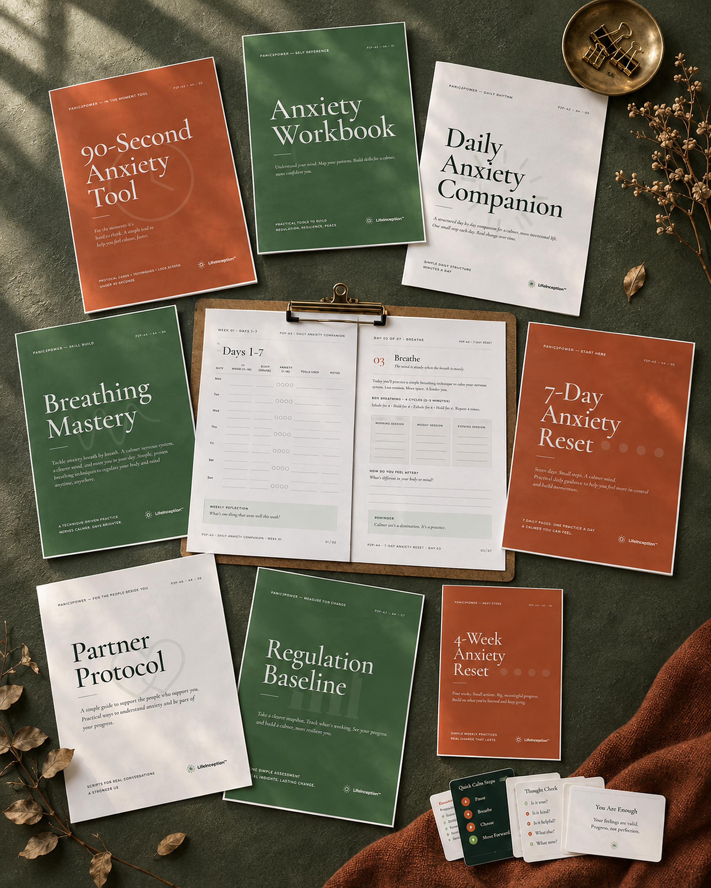 The PANIC2POWER Lite pieces laid out together — booklets, wallet cards, and the phone and tablet versions