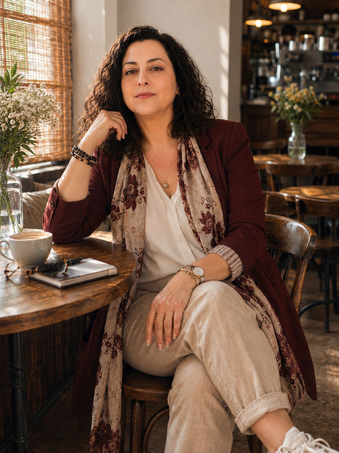 Snejina, founder of Life Inception, seated at a café table in a burgundy blazer
